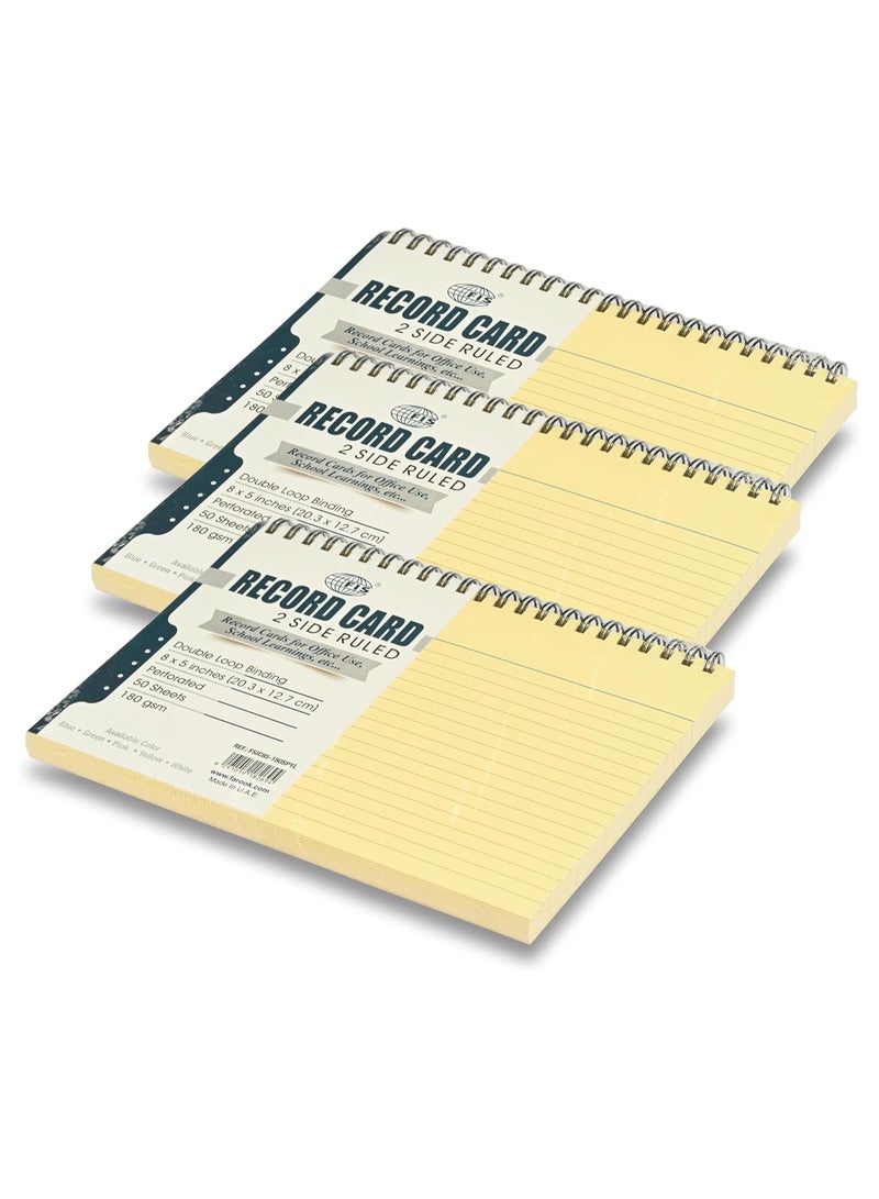 FIS® Ruled Record Cards Size:8"x5" Inches (203x127mm), Double Loop Spiral Binding, Two Sides Single Ruled, 180gsm, Perforated, 50 Sheets Per Pad, Packet of 3 Pieces, Yellow Color-FSIC85-180SPYL-3 - Image 1