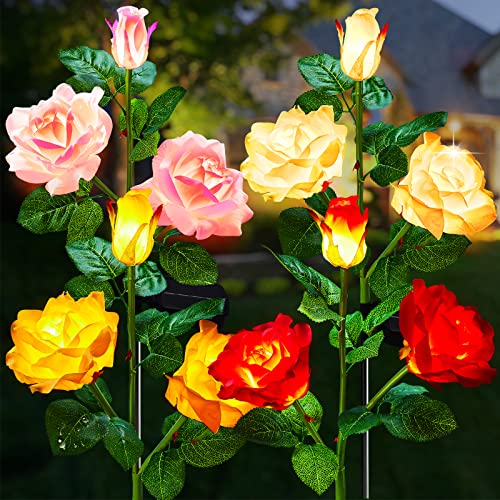 Brightown Outdoor Solar Garden Lights - 4 Pack LED Flower Lights with Realistic Rose, Bigger Solar Panel, Waterproof for Yard & Patio Decorations - Image 1
