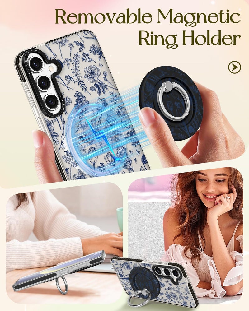 Lotadilo Cute Case for Samsung Galaxy S25 for Women Girls - Funny Blue Line Flower Design Compatible with Magsafe Magnetic Ring Holder Kickstand Fashion TPU Phone Covers - Image 4