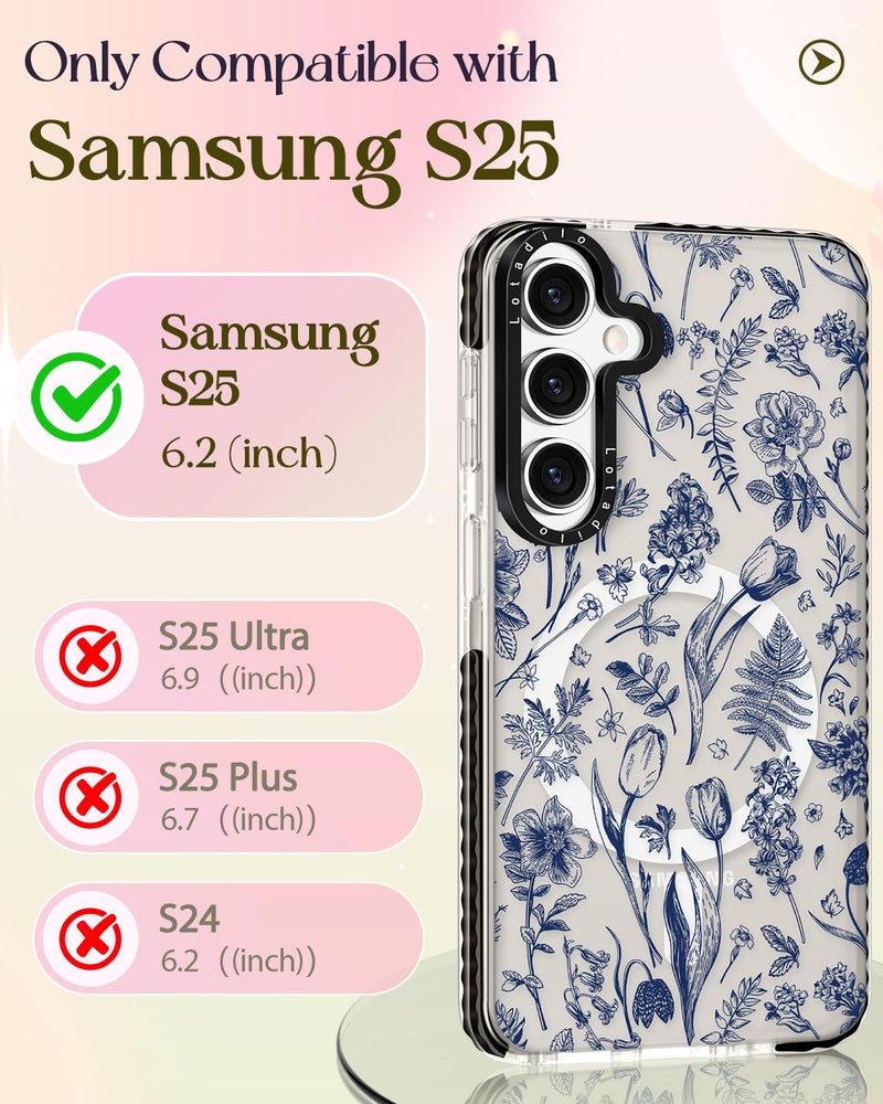 Lotadilo Cute Case for Samsung Galaxy S25 for Women Girls - Funny Blue Line Flower Design Compatible with Magsafe Magnetic Ring Holder Kickstand Fashion TPU Phone Covers - Image 2
