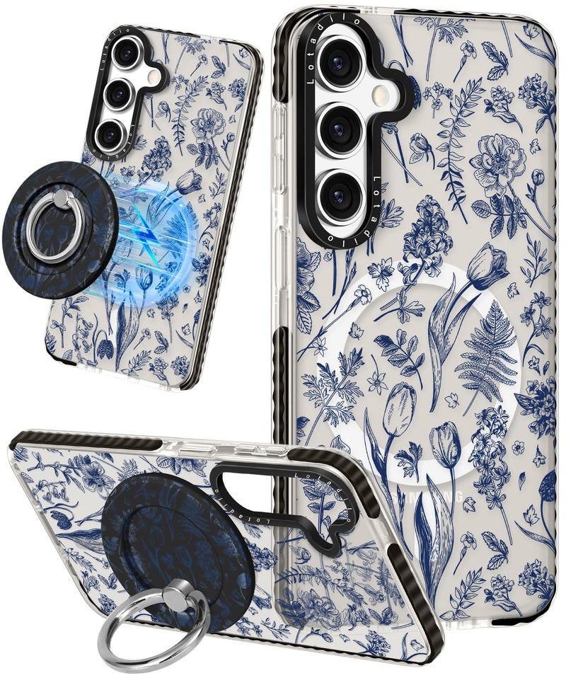 Lotadilo Cute Case for Samsung Galaxy S25 for Women Girls - Funny Blue Line Flower Design Compatible with Magsafe Magnetic Ring Holder Kickstand Fashion TPU Phone Covers - Image 1