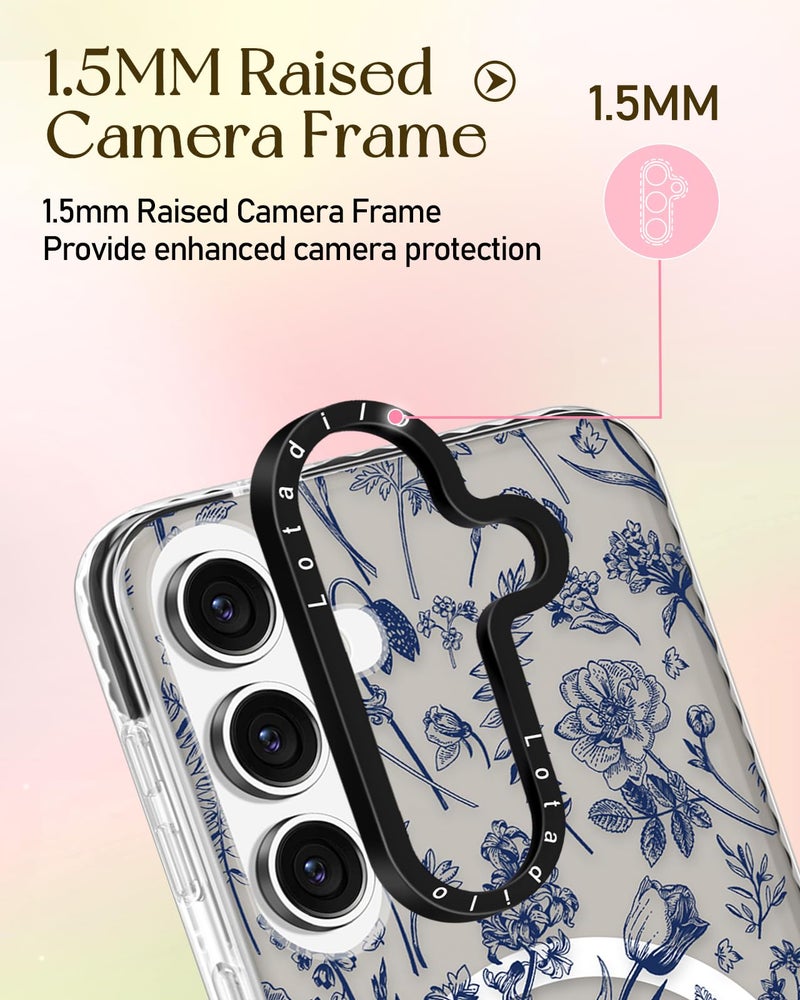 Lotadilo Cute Case for Samsung Galaxy S25 for Women Girls - Funny Blue Line Flower Design Compatible with Magsafe Magnetic Ring Holder Kickstand Fashion TPU Phone Covers - Image 3
