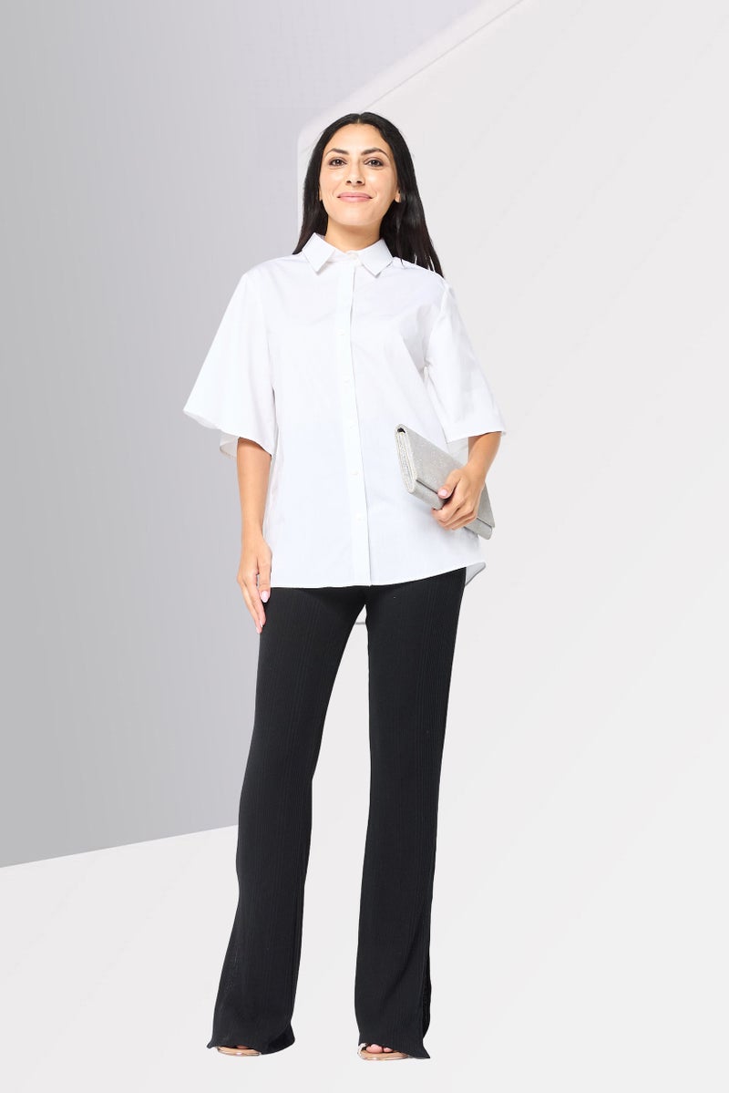 Karl Lagerfeld Women Pointed Neck Short Sleeve Plain Shirt, White  - Image 4