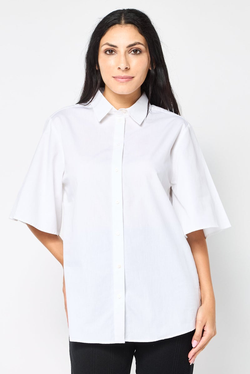 Karl Lagerfeld Women Pointed Neck Short Sleeve Plain Shirt, White  - Image 1