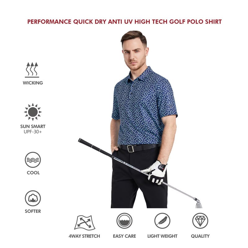 M MAELREG Golf Shirts for Men Dry Fit Short Sleeve Print Performance Moisture Wicking Polo Shirt Navy Palm - Image 5