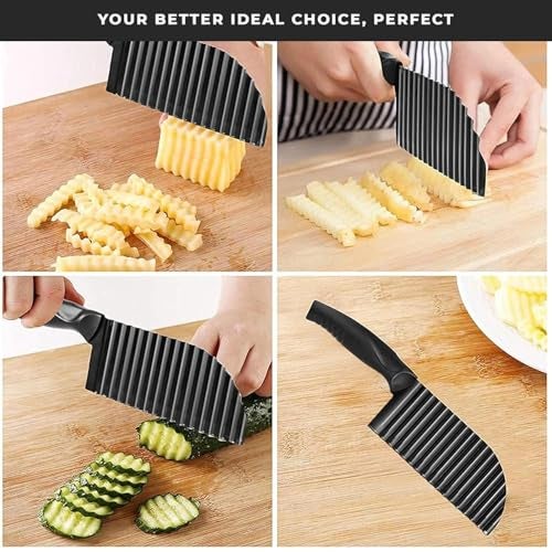 PANCA Black Crinkle Knife for Vegetables & Fruits | Wavy Cutter for Potatoes, Salad, French Fries & Chips | Non-Stick Stainless Steel Blade with Ergonomic Handle - Image 3