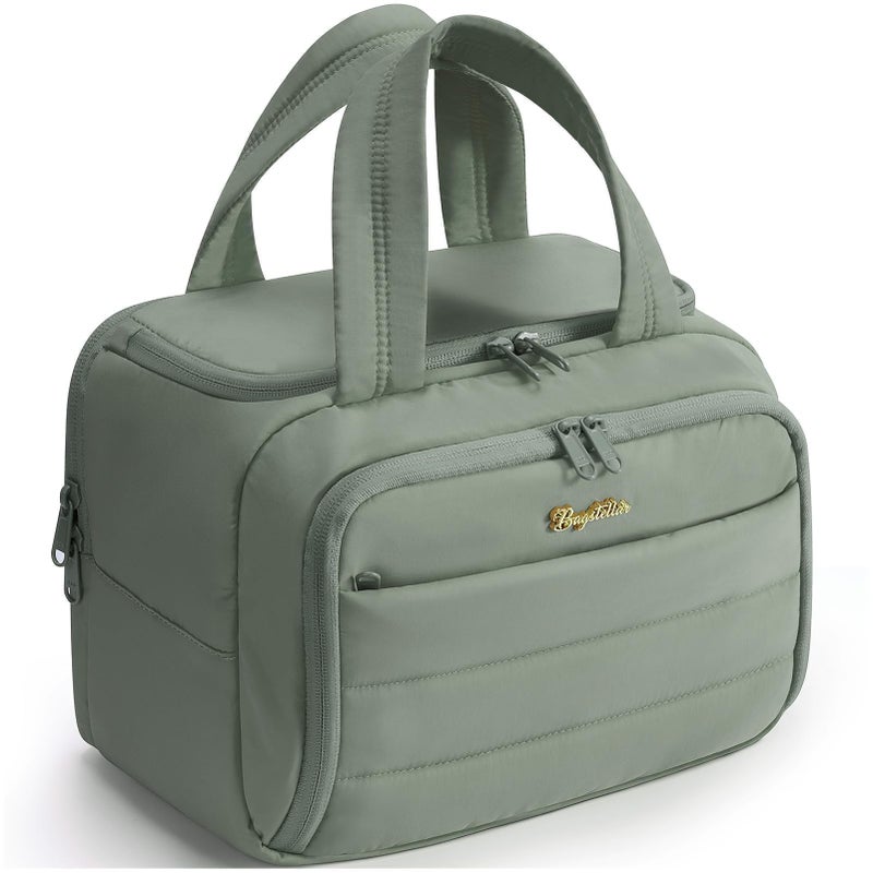 Bagstellar Travel Toiletry Bag for Women, Lightweight Large Quilted Puffy Makeup Bag Wide-open Make up Organizer Cloud Cosmetic Bag w/Handle for Traveling Toiletries Essentials Accessories Sage Green - Image 1