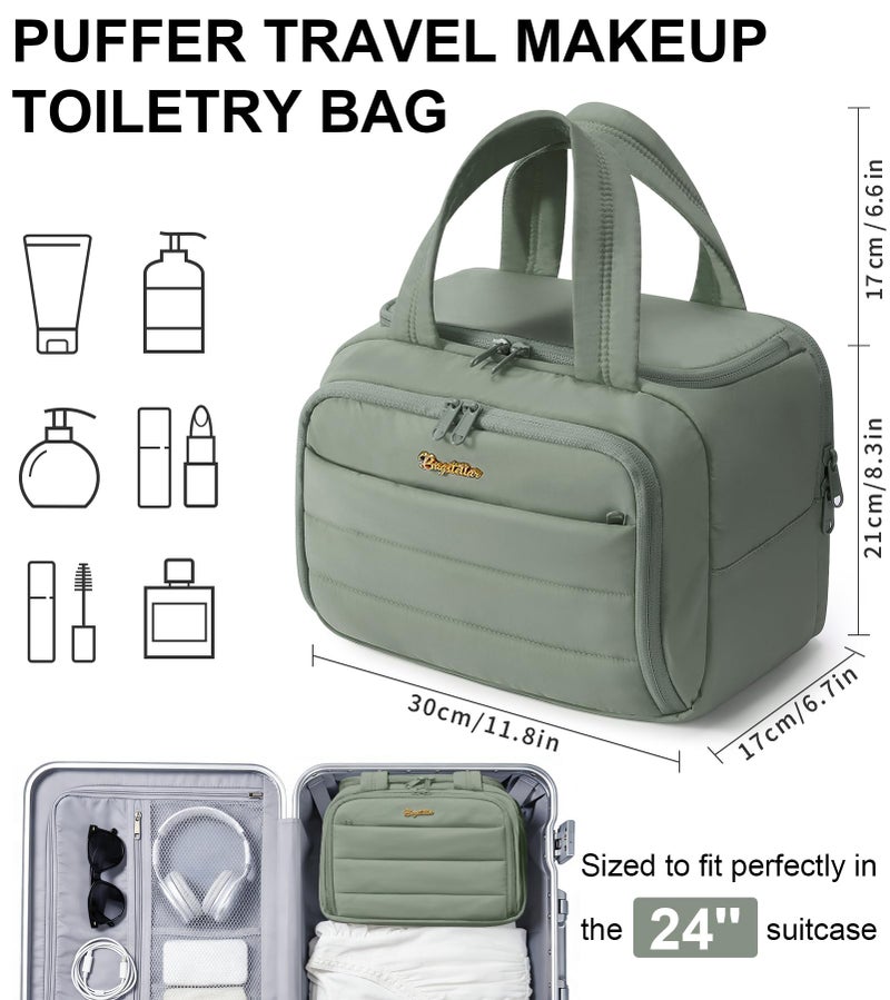 Bagstellar Travel Toiletry Bag for Women, Lightweight Large Quilted Puffy Makeup Bag Wide-open Make up Organizer Cloud Cosmetic Bag w/Handle for Traveling Toiletries Essentials Accessories Sage Green - Image 2