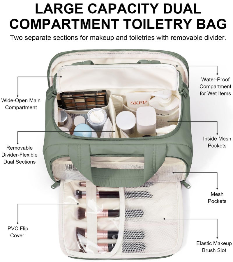 Bagstellar Travel Toiletry Bag for Women, Lightweight Large Quilted Puffy Makeup Bag Wide-open Make up Organizer Cloud Cosmetic Bag w/Handle for Traveling Toiletries Essentials Accessories Sage Green - Image 3