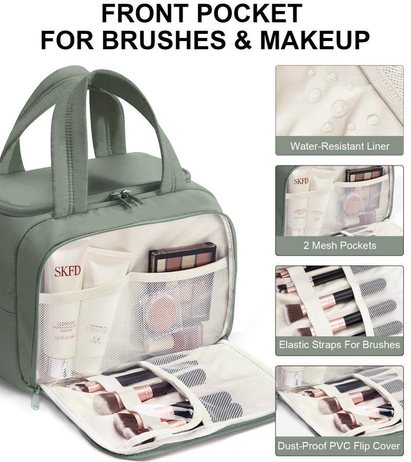 Bagstellar Travel Toiletry Bag for Women, Lightweight Large Quilted Puffy Makeup Bag Wide-open Make up Organizer Cloud Cosmetic Bag w/Handle for Traveling Toiletries Essentials Accessories Sage Green - Image 4