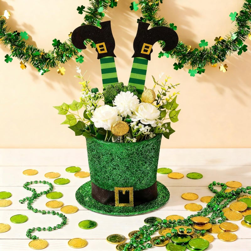 FineCheer St. Patrick's Day Hat Flower Pot Set Irish Green Leprechaun Top Hat Shape Buckle Flower Arrangement Container Simulated Bouquet with Shamrock St. Patrick's Day (Matte Style) - Image 1
