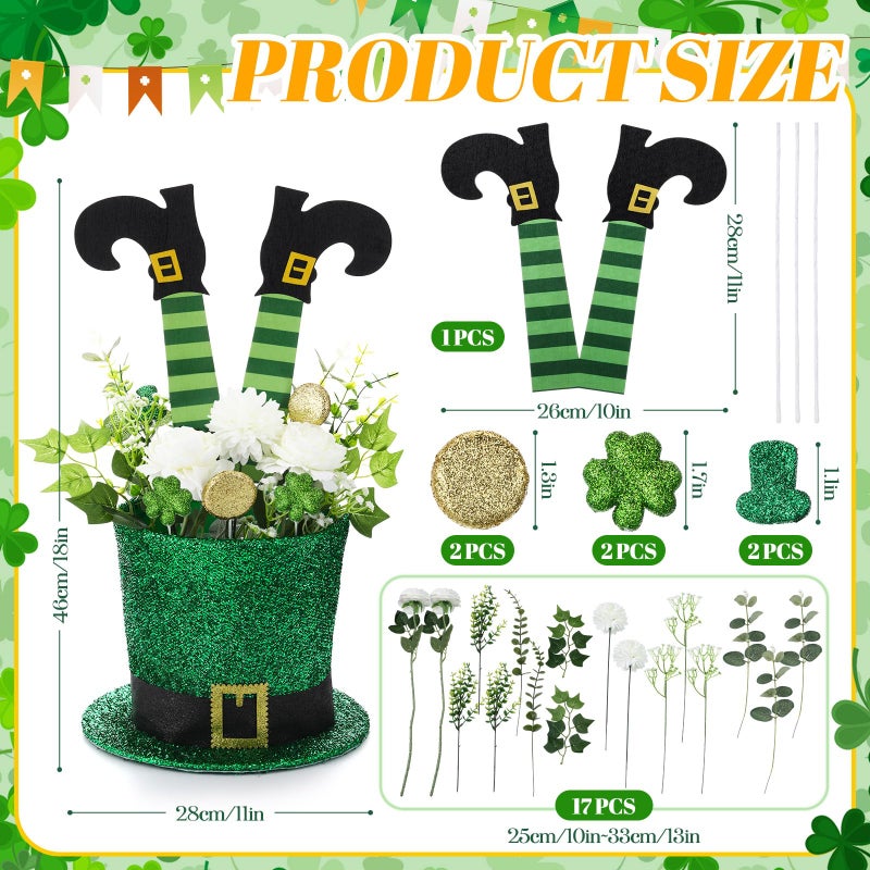 FineCheer St. Patrick's Day Hat Flower Pot Set Irish Green Leprechaun Top Hat Shape Buckle Flower Arrangement Container Simulated Bouquet with Shamrock St. Patrick's Day (Matte Style) - Image 2