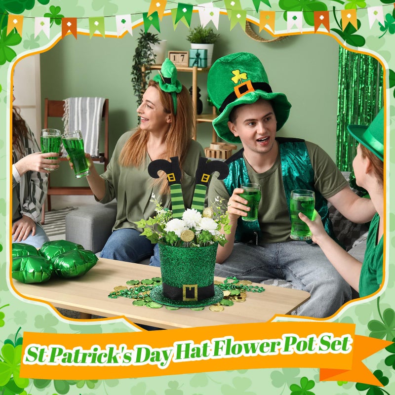 FineCheer St. Patrick's Day Hat Flower Pot Set Irish Green Leprechaun Top Hat Shape Buckle Flower Arrangement Container Simulated Bouquet with Shamrock St. Patrick's Day (Matte Style) - Image 5