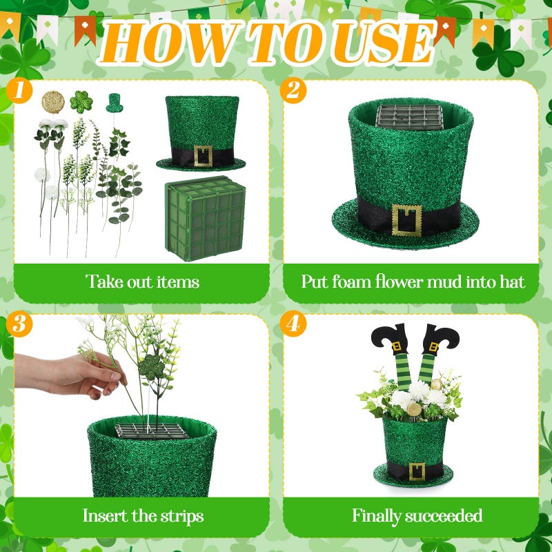 FineCheer St. Patrick's Day Hat Flower Pot Set Irish Green Leprechaun Top Hat Shape Buckle Flower Arrangement Container Simulated Bouquet with Shamrock St. Patrick's Day (Matte Style) - Image 4
