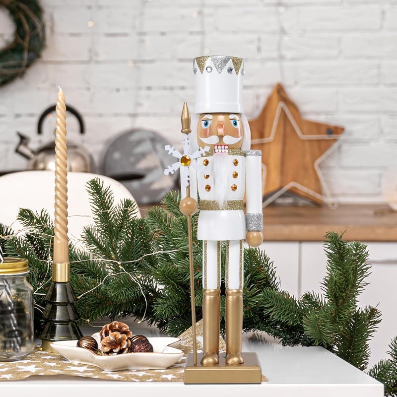 Vipush Christmas Wooden Nutcracker Soldier - 15 Inch Snowflake Scepter Style Figure Ornament Desktop Xmas Puppet Decor Doll Pendant for Party Store Home - Image 1