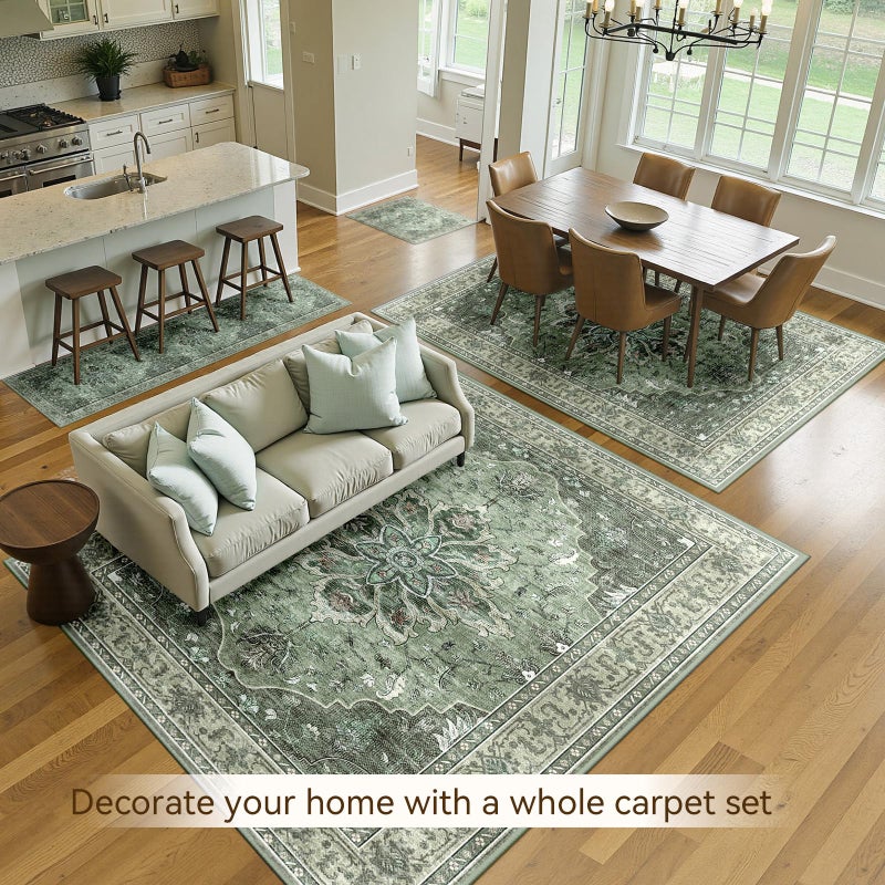 RELEANY Area Rugs 2'x6' Washable Non-Slip  Floral Vintage Distress Print Pattern Medallion Carpet for Living Room Bedroom Dining Room  Dark Green Gray - Image 4