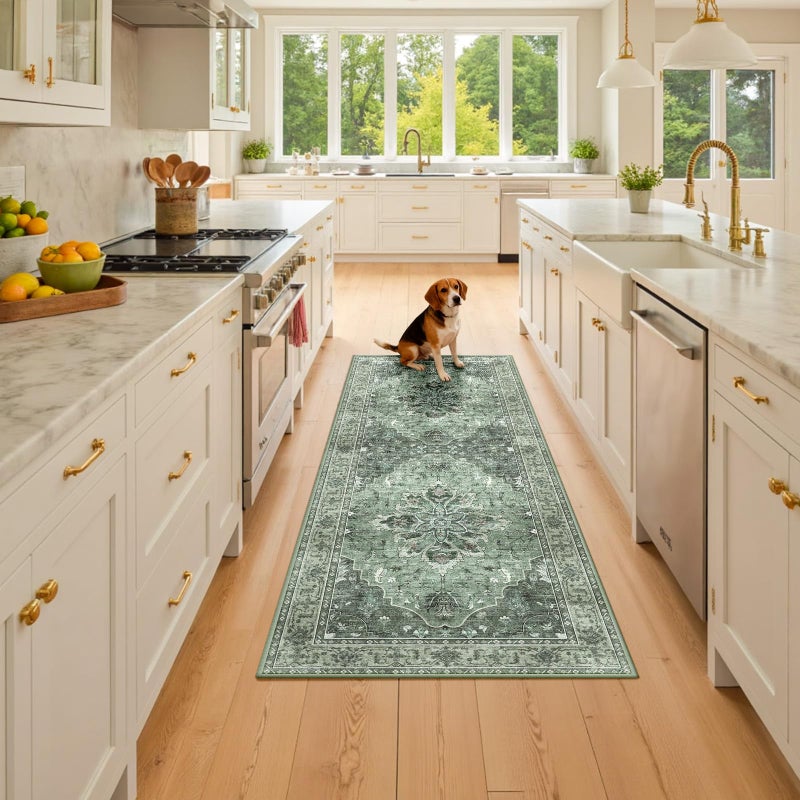 RELEANY Area Rugs 2'x6' Washable Non-Slip  Floral Vintage Distress Print Pattern Medallion Carpet for Living Room Bedroom Dining Room  Dark Green Gray - Image 2