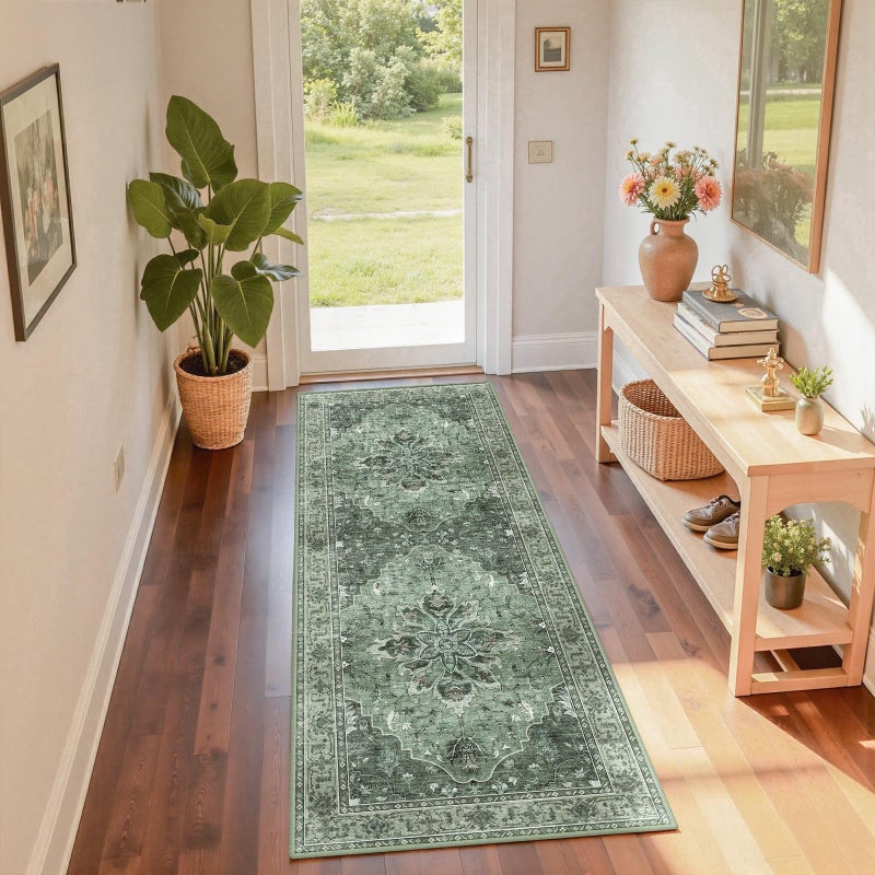 RELEANY Area Rugs 2'x6' Washable Non-Slip  Floral Vintage Distress Print Pattern Medallion Carpet for Living Room Bedroom Dining Room  Dark Green Gray - Image 1