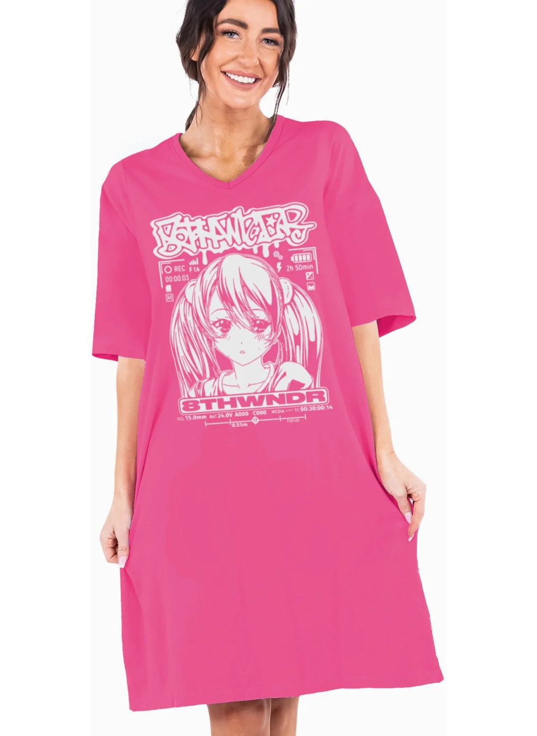 Rock&Roll Anime Girl Fuchsia V Neck Half Sleeve Knee Length Home Dress Nightgown