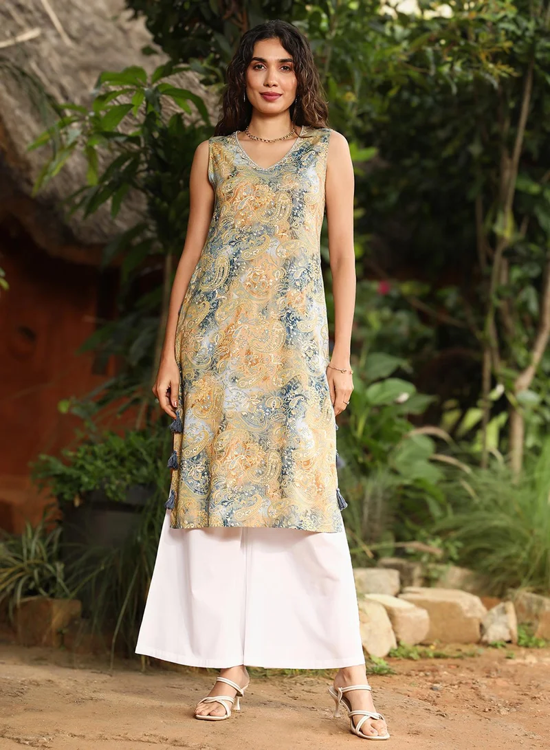 QISSA Women's Buff Beige & Ash Grey Rustic Tassel Kurta Set