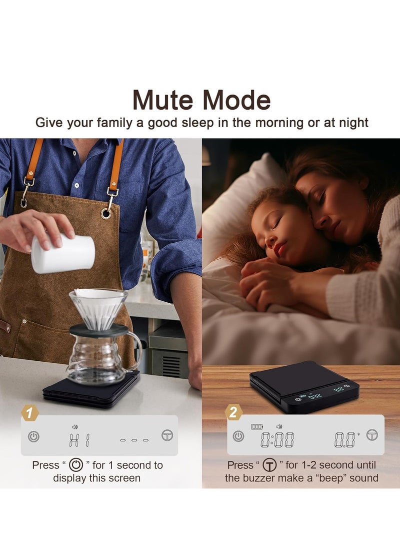 ايكي ايك ميزان القهوة مع مؤقت، ميزان المطبخ، صب أكثر من V60، مقياس رقمي للقهوة بالتنقيط مع شاشة LED وبساط مقاوم للحرارة ومضاد للانزلاق 3 كجم/0.1 جرام أسود 15*13*2.1 سم (البطاريات متضمنة) - Image 4