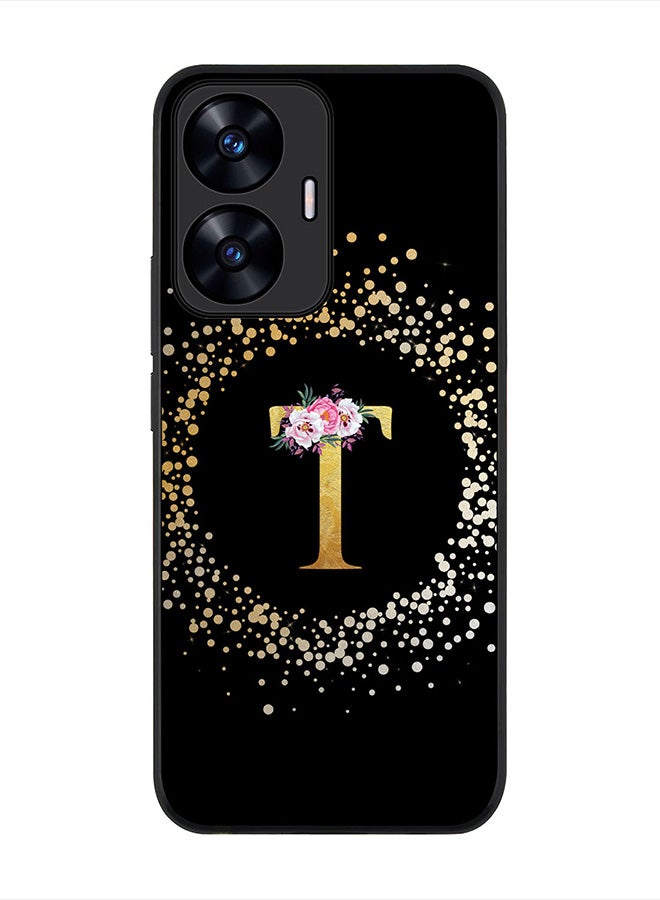 Stylizedd Cover for Realme C55 4G Case , Rugged Black Slim fit Thin Protective Phone Cases -  Custom Monogram Initial Letter Floral Pattern Alphabet - T (Black) - Image 1