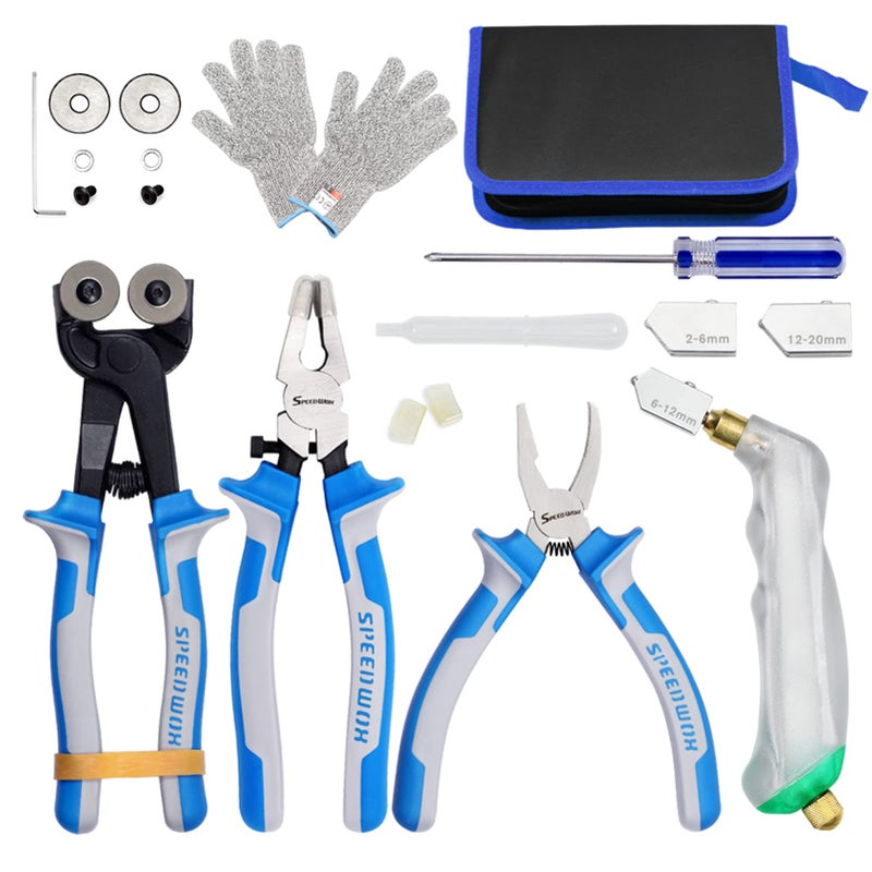 SPEEDWOX 20 Pieces Glass Tweezers Set with Heavy Duty Mosaic Wheels with Spare Cutting Wheel Running Pliers Breakwater Feeding Pliers Glass Cutter Gloves