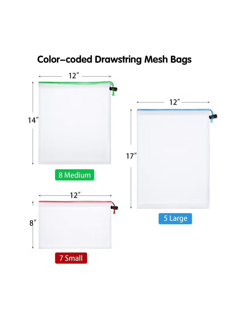 20 Pieces Reusable Produce Bags Mesh Pouch, Toy Storage Bags Drawstring Washable Organization 5 Large 8 Medium 7 Small for School Office, Puzzles Games Storage (Multicolour) - Image 2