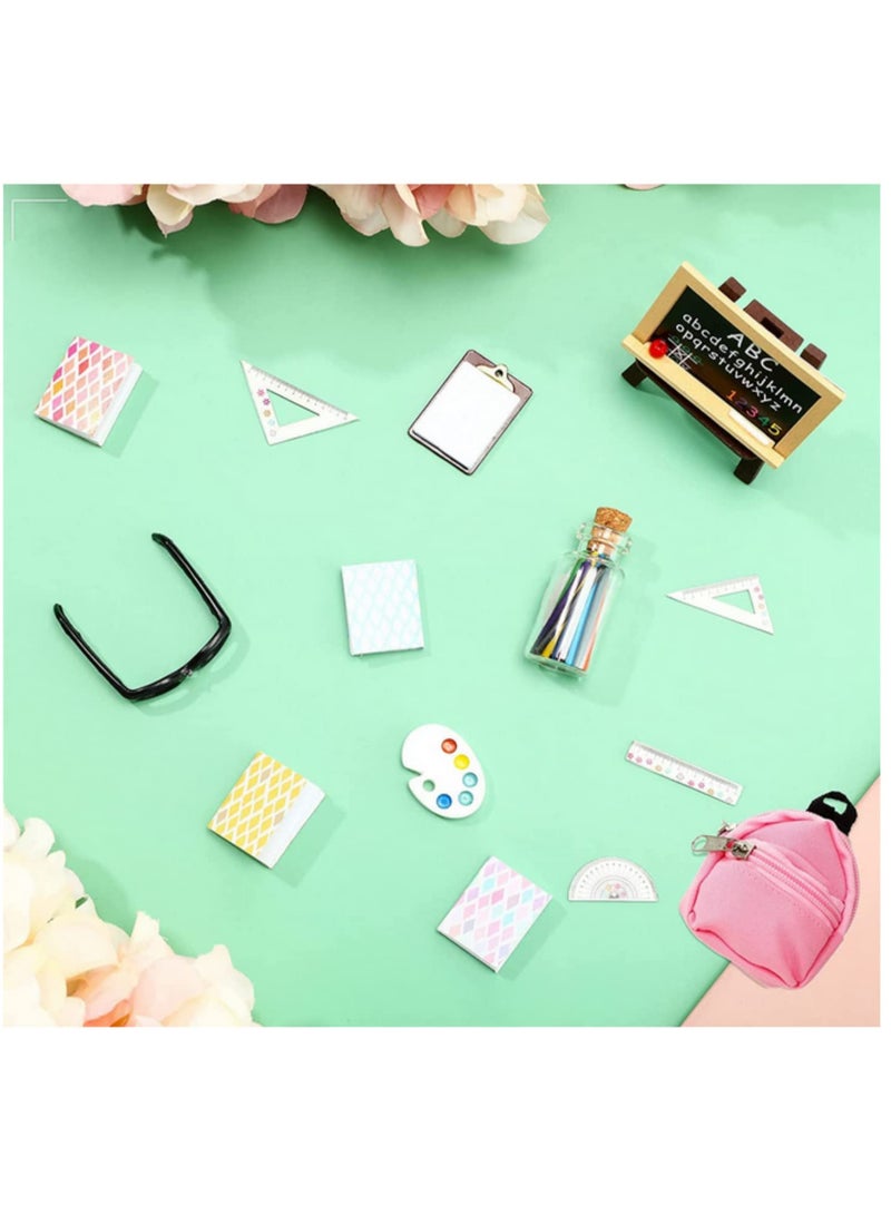 Mini Doll School Supplies Set Dollhouse Simulation Learning Props with Backpack Books Pencil Pen Ruler Blackboard Holder Clipboard Glasses Palette Paper and Cutting Mat Accessories - Image 3