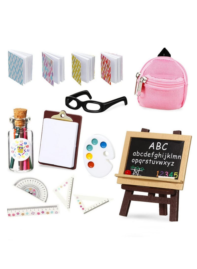 Mini Doll School Supplies Set Dollhouse Simulation Learning Props with Backpack Books Pencil Pen Ruler Blackboard Holder Clipboard Glasses Palette Paper and Cutting Mat Accessories - Image 1