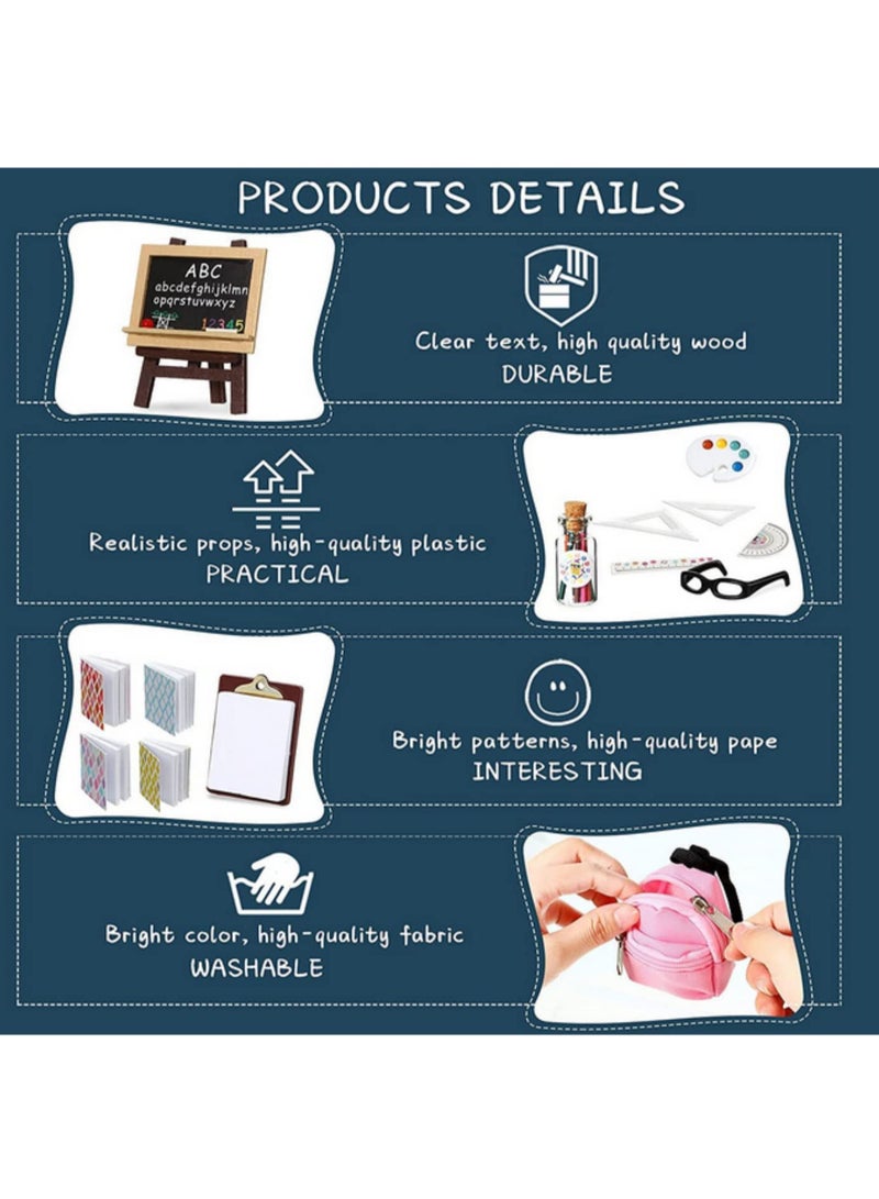 Mini Doll School Supplies Set Dollhouse Simulation Learning Props with Backpack Books Pencil Pen Ruler Blackboard Holder Clipboard Glasses Palette Paper and Cutting Mat Accessories - Image 5