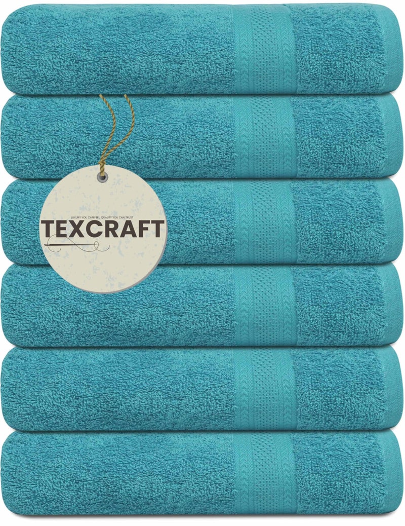 TEXCRAFT Medium Size Bath Towels Set of 6 100 Cotton Terry 24 x 48 Quick Dry Soft Highly Absorbent Teal Blue Towels for Bathroom Gym Spa Pool Daily Use