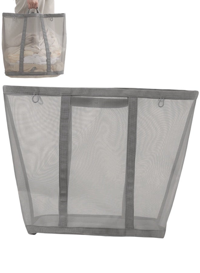 1 Pack Gray Mesh Laundry Basket with Handles Breathable Folding Hamper Wash Bag Organizer for Toys Bed Sheets Clothes Home Bathroom Bedroom Laundry Room Use - Image 1