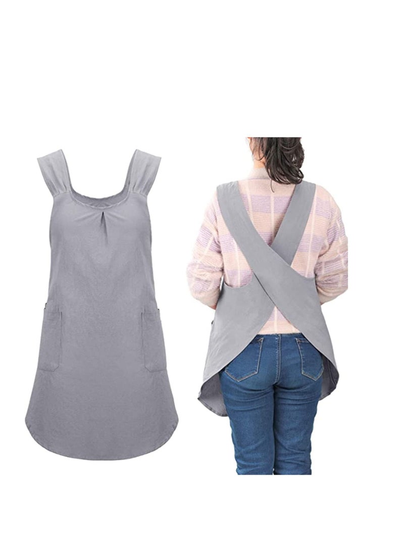 نيبمينينت مريلة من القطن والكتان الناعم بلون سادة مآزر رسن متقاطعة مع جيوب 2 نسائية الخلف لأعمال تنظيف الحدائق على الطراز الياباني شكل X ملابس الطبخ للمطبخ (رمادي) - Image 2