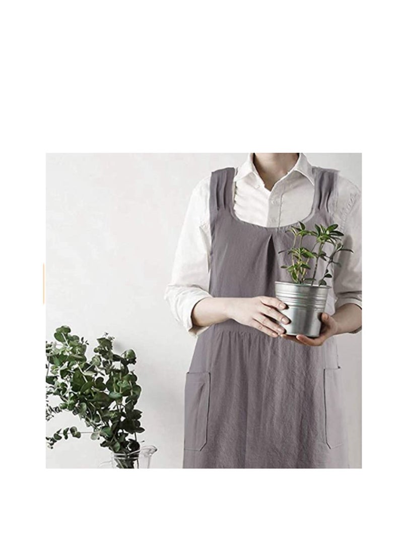 نيبمينينت مريلة من القطن والكتان الناعم بلون سادة مآزر رسن متقاطعة مع جيوب 2 نسائية الخلف لأعمال تنظيف الحدائق على الطراز الياباني شكل X ملابس الطبخ للمطبخ (رمادي) - Image 3