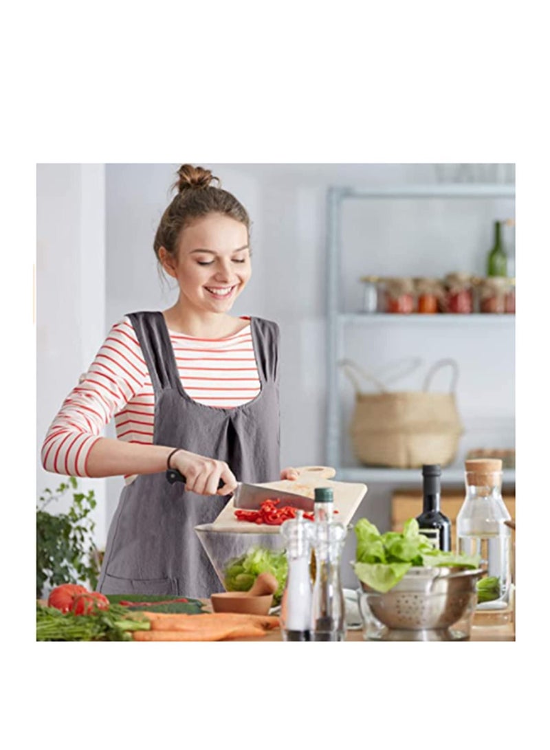 نيبمينينت مريلة من القطن والكتان الناعم بلون سادة مآزر رسن متقاطعة مع جيوب 2 نسائية الخلف لأعمال تنظيف الحدائق على الطراز الياباني شكل X ملابس الطبخ للمطبخ (رمادي) - Image 5