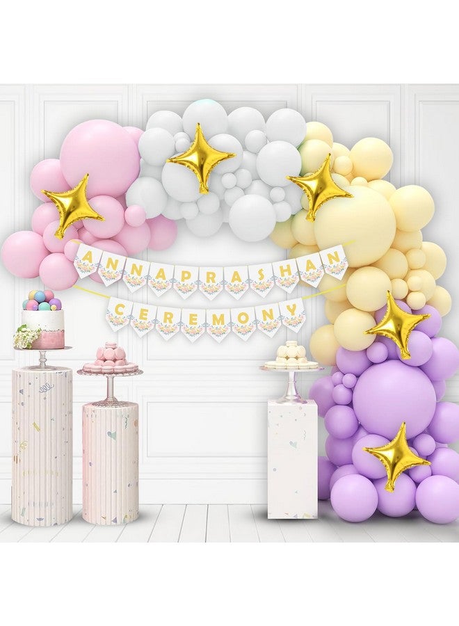 Party Propz Annaprashan Decorations Items - 46 Pcs Pastel Balloons For Decoration with Rice Ceremony Banner, Star Foil Balloons, Baby Annaprasana Decoration Items, Annaprasana Decoration Backdrop - Image 1