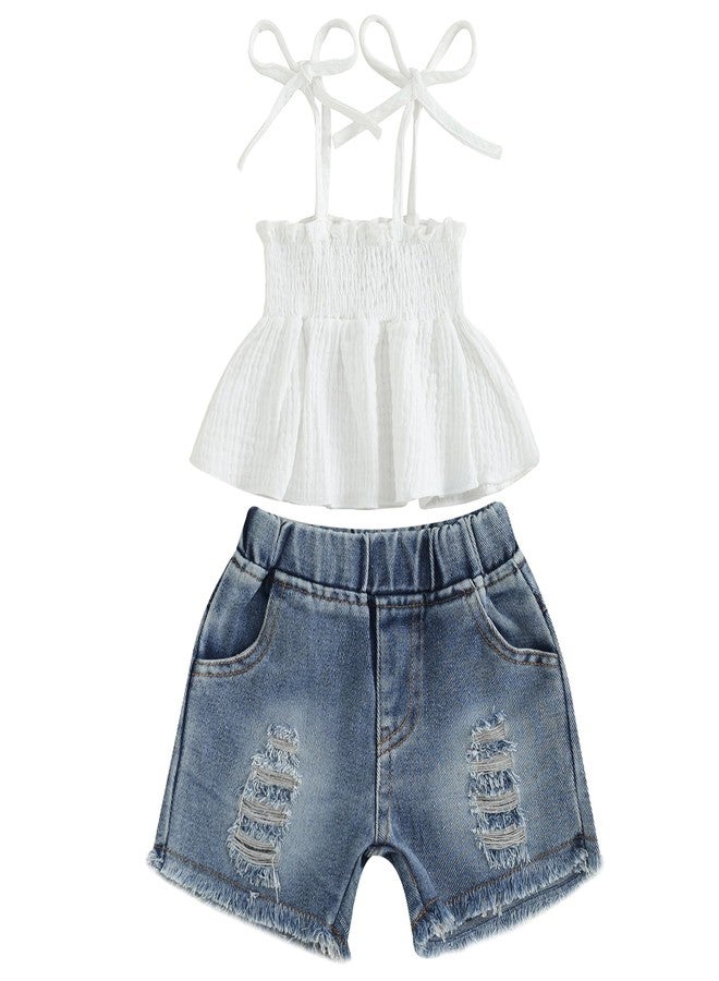 Mubineo Toddler Baby Girl Summer Clothes Denim Outfits Jeans Shorts Sleeveless Tops Ripped Shorts Set Outfit (White Blue, 2-3 Years) - Image 1