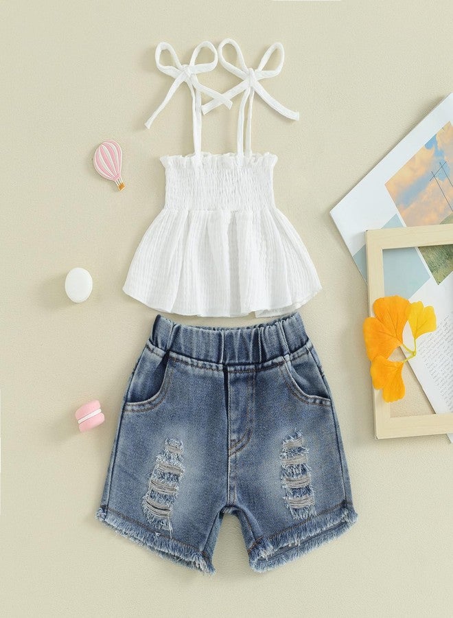 Mubineo Toddler Baby Girl Summer Clothes Denim Outfits Jeans Shorts Sleeveless Tops Ripped Shorts Set Outfit (White Blue, 2-3 Years) - Image 2