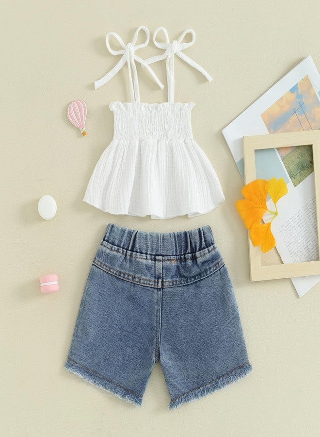 Mubineo Toddler Baby Girl Summer Clothes Denim Outfits Jeans Shorts Sleeveless Tops Ripped Shorts Set Outfit (White Blue, 2-3 Years) - Image 3
