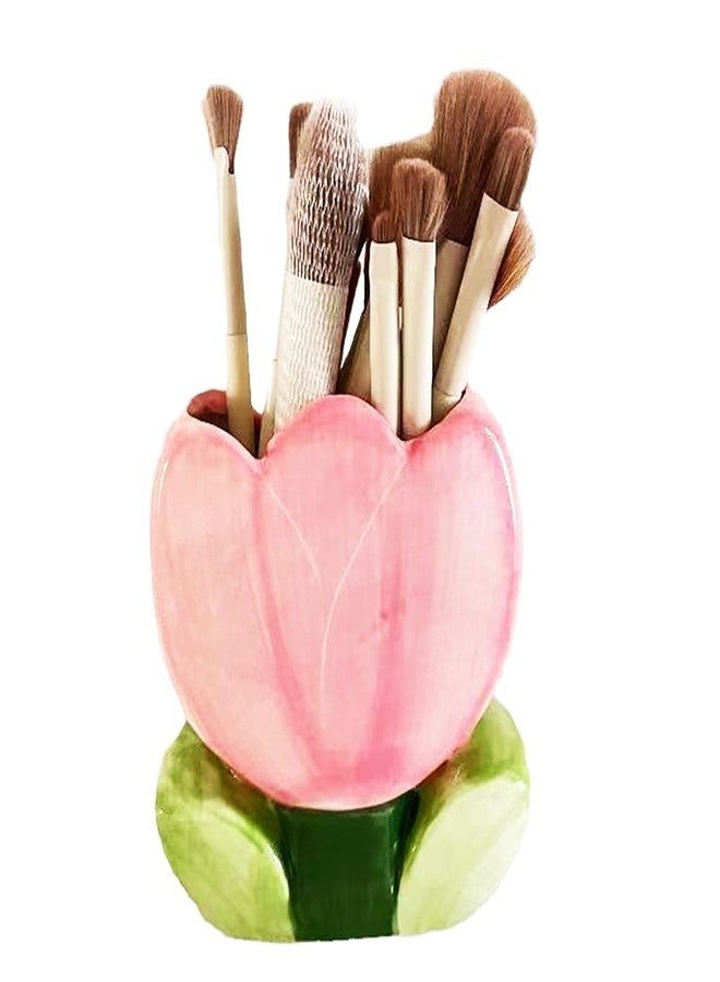 Hibucuo Ceramic Pen Holder for Office Desk, Pink Makeup Brush Holder, Cute Pencil Holder Tulips Home Decor Birthday Gifts for Women Vanity Toothbrush Holder Kawaii Kitchen Utensil Holder - Image 1