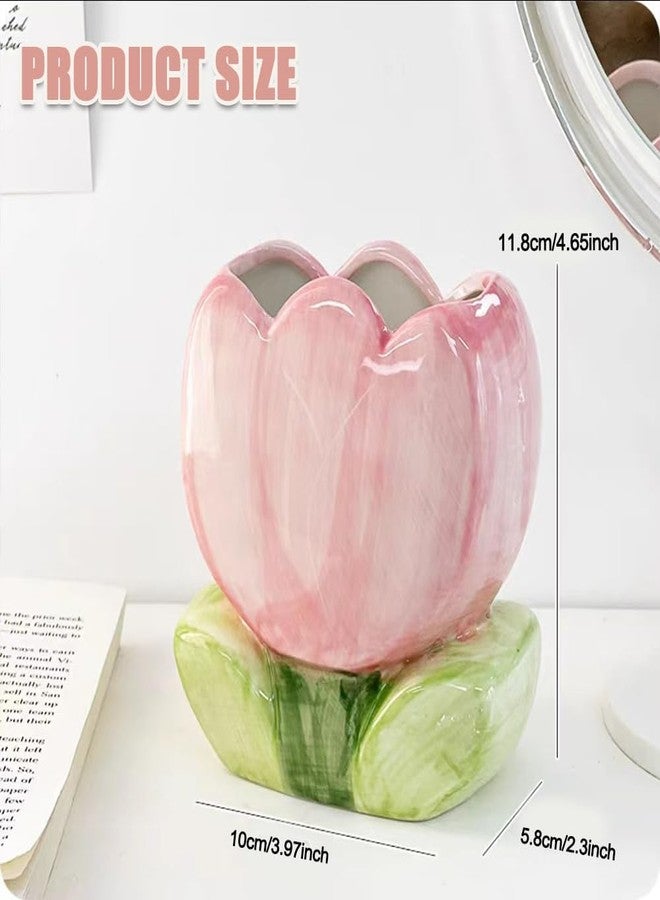 Hibucuo Ceramic Pen Holder for Office Desk, Pink Makeup Brush Holder, Cute Pencil Holder Tulips Home Decor Birthday Gifts for Women Vanity Toothbrush Holder Kawaii Kitchen Utensil Holder - Image 4