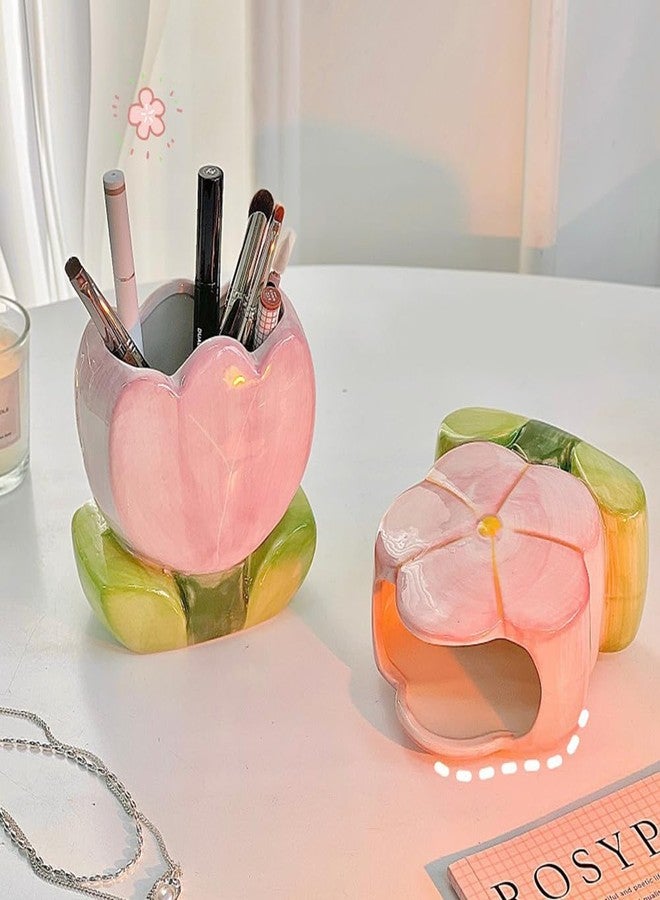Hibucuo Ceramic Pen Holder for Office Desk, Pink Makeup Brush Holder, Cute Pencil Holder Tulips Home Decor Birthday Gifts for Women Vanity Toothbrush Holder Kawaii Kitchen Utensil Holder - Image 3