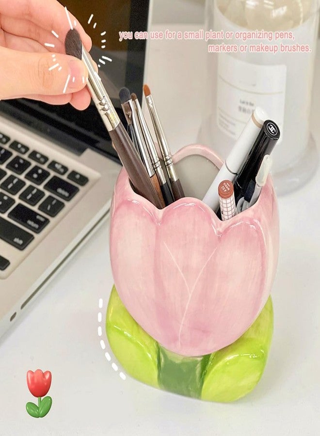 Hibucuo Ceramic Pen Holder for Office Desk, Pink Makeup Brush Holder, Cute Pencil Holder Tulips Home Decor Birthday Gifts for Women Vanity Toothbrush Holder Kawaii Kitchen Utensil Holder - Image 2