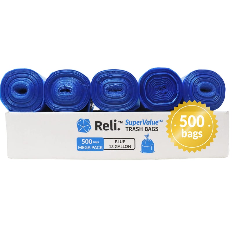 Reli. SuperValue 13 Gallon Recycling Bags | 500 count Bulk | Tall Kitchen | Blue Trash Bags