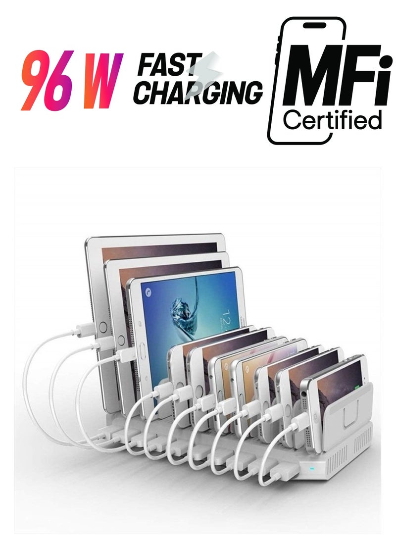 ALXUM محطة شحن iPad لأجهزة متعددة، 96 واط 10 منافذ محطة شحن الهواتف المحمولة، قاعدة شاحن USB السريعة متوافقة مع iPad/iPhone/Android/Kindle/Fire/تابلت كيندل، معتمدة من UL، بيضاء - Image 1