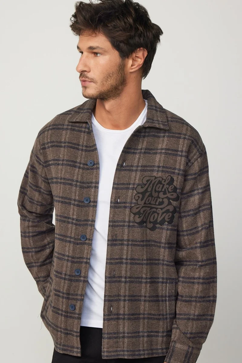 Tudors Relax Fit Winter Checkered Printed Flotilla Pocket Casual Lumberjack Brown-Grey Men's Shirt