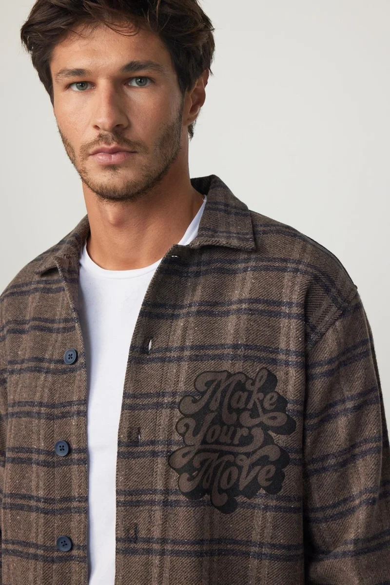 Tudors Relax Fit Winter Checkered Printed Flotilla Pocket Casual Lumberjack Brown-Grey Men's Shirt