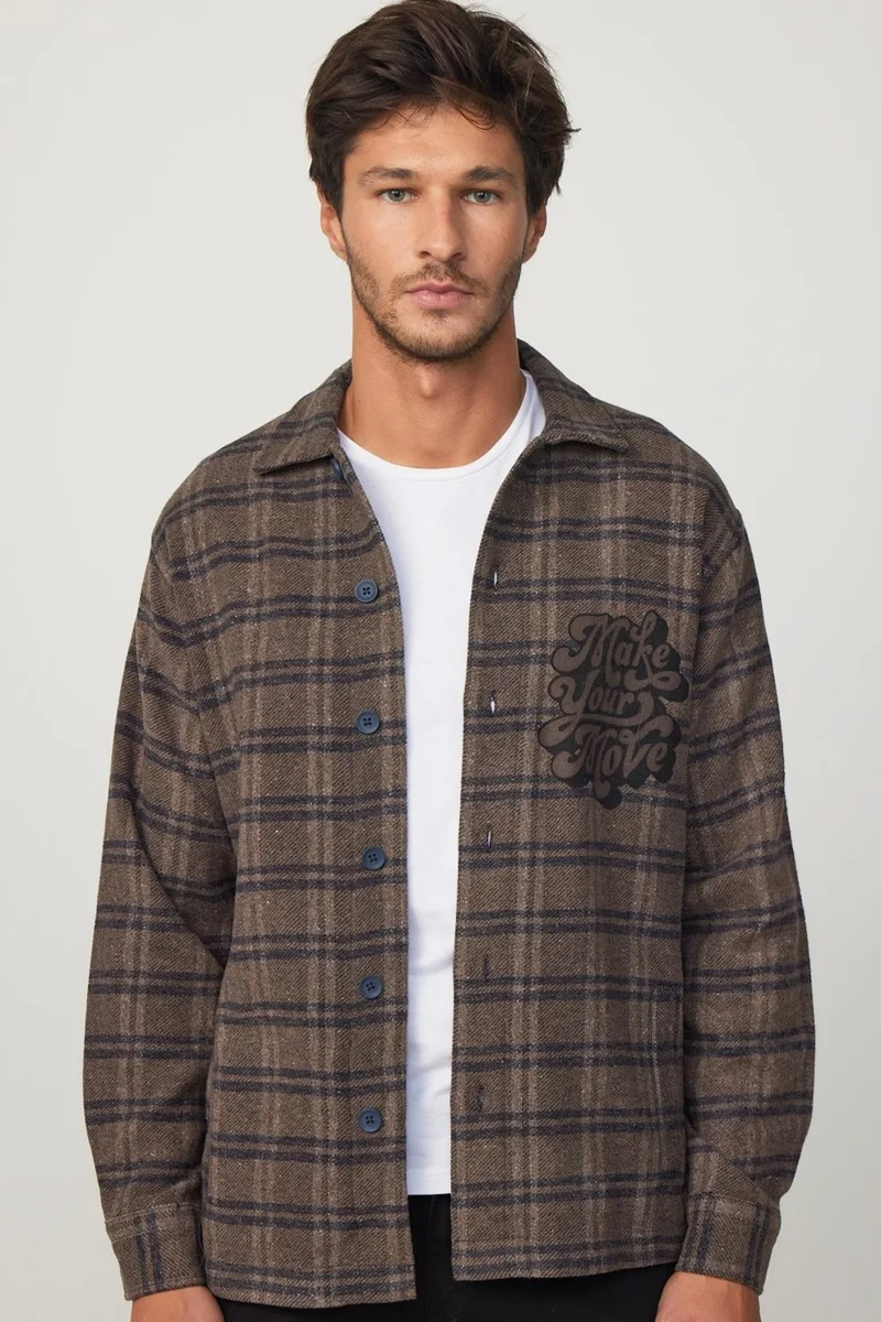 Tudors Relax Fit Winter Checkered Printed Flotilla Pocket Casual Lumberjack Brown-Grey Men's Shirt