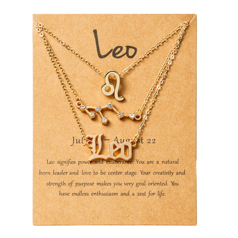 PANTIDE 3Pcs Leo Zodiac Layer Necklaces for Women Retro 14K Gold Plated 12 Constellation Pendant Letter Necklace Exquisite Letter Horoscope Old English Zodiac Sign Necklace Jewelry Birthday Gift - Image 1